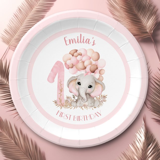 First Birthday Girl Cute Elephant Pink Paper Plates (First Birthday Girl Cute Elephant Pink Paper Plates)