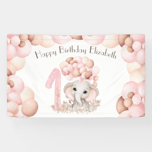 First Birthday Girl Cute Pink Elephant  Banner