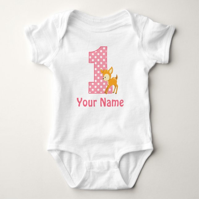 First Birthday Girl Deer Baby Bodysuit (Front)