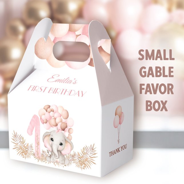 First Birthday Girl Elephant Pink Balloons Small Favor Boxes (Pink Elephant Small Gable Favor Boxes - You can choose from 3 sizes of these gable favor boxes)