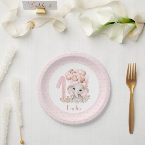 First Birthday Girl Elephant Pink Paper Plates