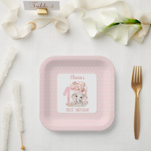 First Birthday Girl Elephant Pink Paper Plates