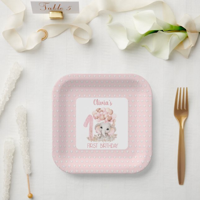 First Birthday Girl Elephant Pink Paper Plates (Wedding)