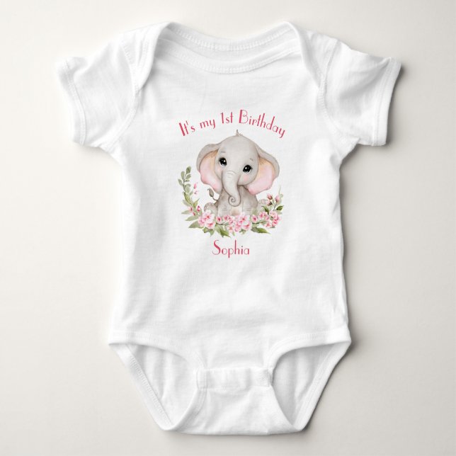 First Birthday Girl Elephant Pink Personalized Baby Bodysuit (Front)