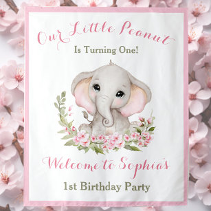 First Birthday Girl Elephant Welcome Sign Tapestry