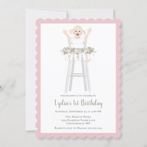 First Birthday Girl High Chair Bunting Invitation