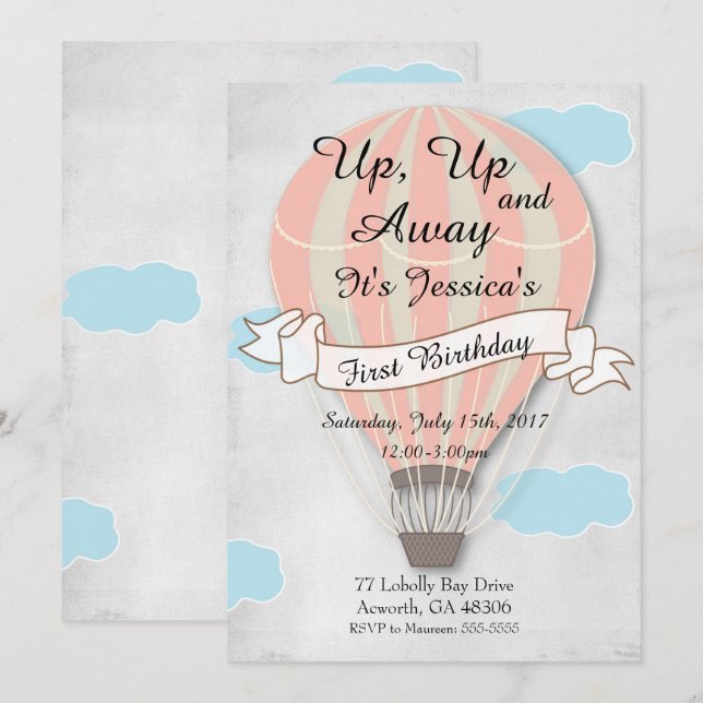 First Birthday Girl Hot Air Balloon Invitation (Front/Back)