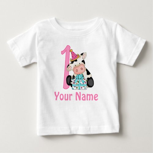 First Birthday Girl Pink Cow Baby T_Shirt