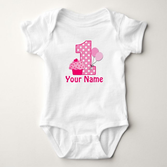 First Birthday Girl Pink Cupcake Baby Bodysuit (Front)