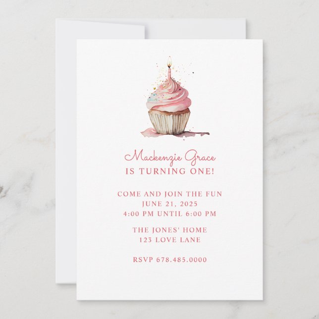 First Birthday Girl Pink Cupcake Invitation (Front)