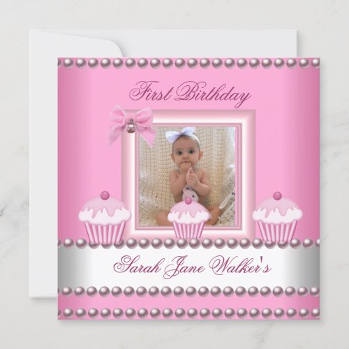 First Birthday Girl Pink Cupcakes White Baby Personalized Announcement