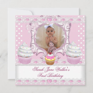 First Birthday Girl Pink Cupcakes White Baby Invitation