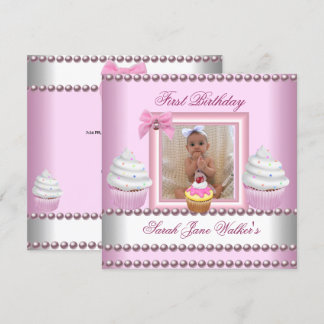 First Birthday Girl Pink Cupcakes White Pearl Baby Invitation