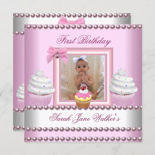 First Birthday Girl Pink Cupcakes White Pearl Baby Invitation