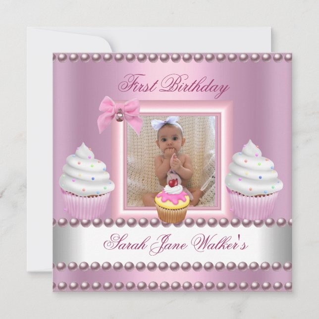 First Birthday Girl Pink Cupcakes White Pearl Invitation (Front)