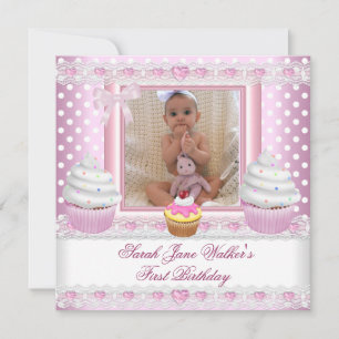First Birthday Girl Pink Cupcakes White Spot Baby Invitation