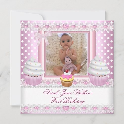 First Birthday Girl Pink Cupcakes White Spot Baby Invitation