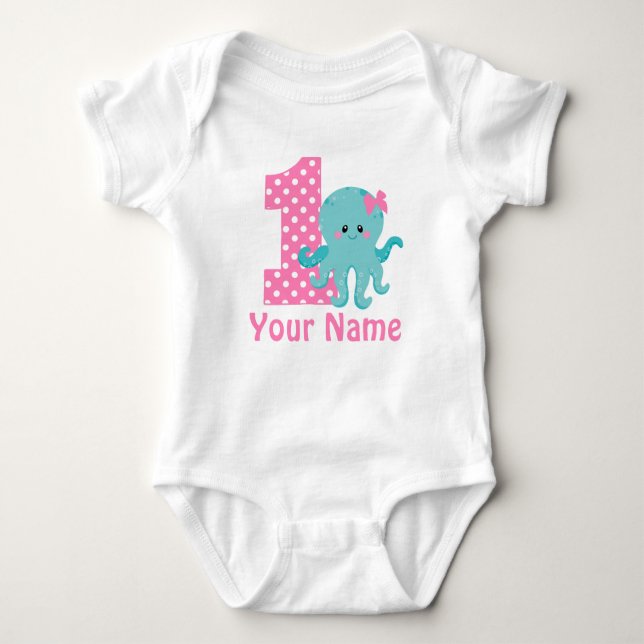 First Birthday Girl Pink Octopus Baby Bodysuit (Front)
