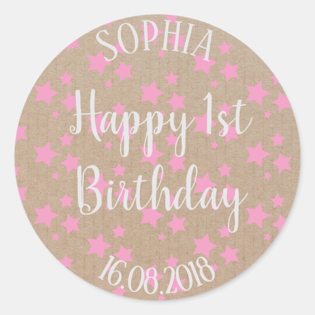 First Birthday Girl Pink Stars Craft Paper Classic Round Sticker (Front)