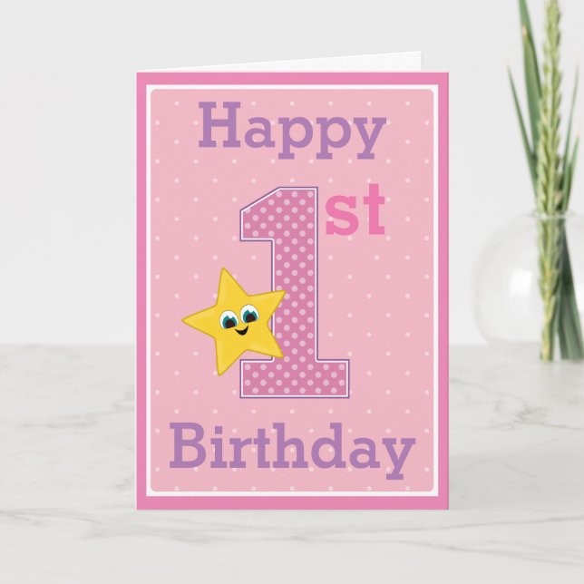 First Birthday Girl, Pink with Yellow Star Card (Front)
