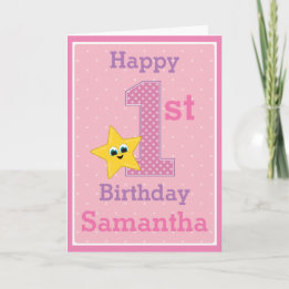 First Birthday Girl, Pink with Yellow Star Card