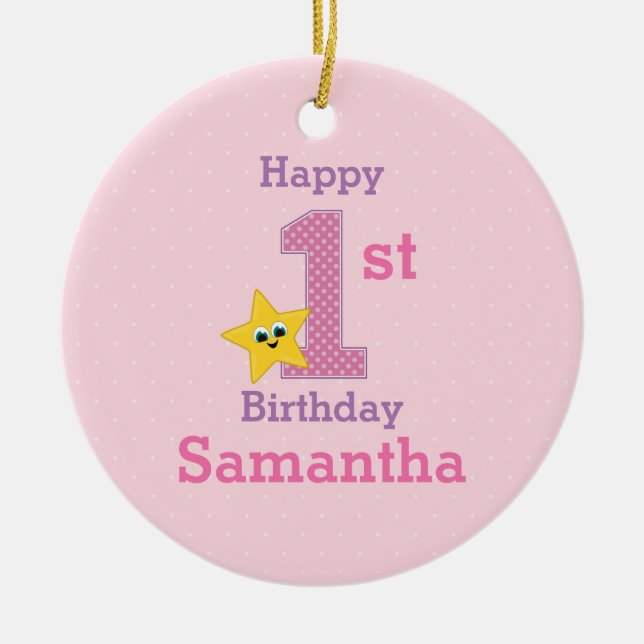 First Birthday Girl, Pink with Yellow Star Ceramic Ornament (Front)