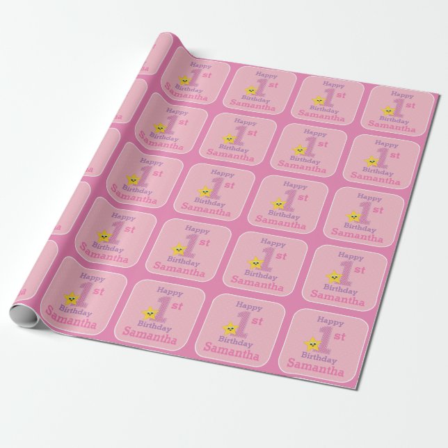 First Birthday Girl, Pink Yellow Star with Name Wrapping Paper (Unrolled)