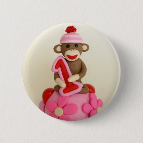 First Birthday Girl Sock Monkey Celebration Pinback Button