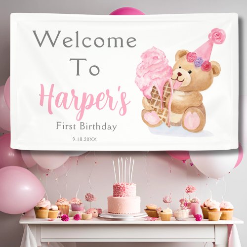 First Birthday Girl Teddy Bear Ice Cream Banner