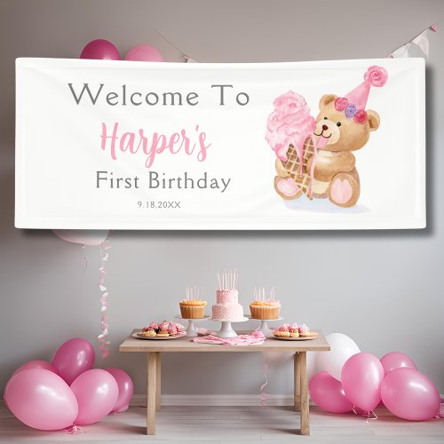 First Birthday Girl Teddy Bear Ice Cream Banner