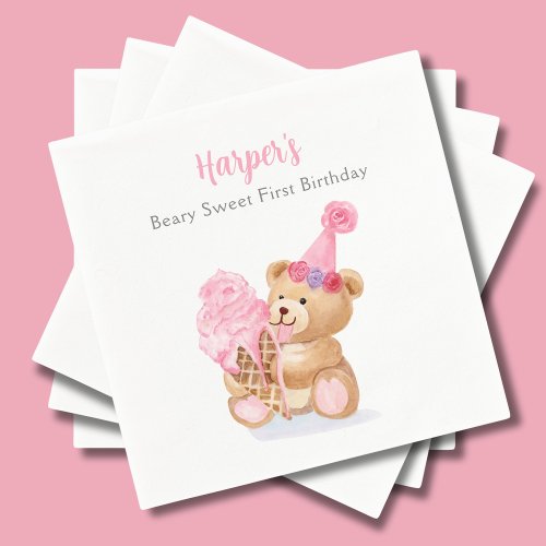 First Birthday Girl Teddy Bear Ice Cream Napkins