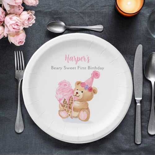 First Birthday Girl Teddy Bear Ice Cream Paper Plates