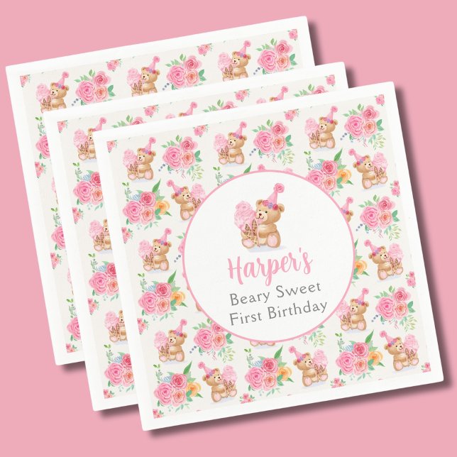 First Birthday Girl Teddy Bear Ice Cream Pattern Napkins (Creator Uploaded)