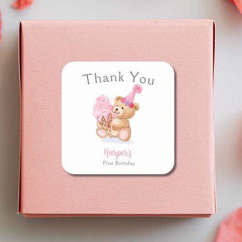 First Birthday Girl Teddy Bear Ice Cream Square Sticker