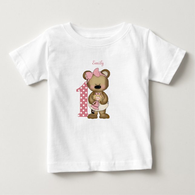 First Birthday Girl Teddy Bear with Doll T-Shirt (Front)