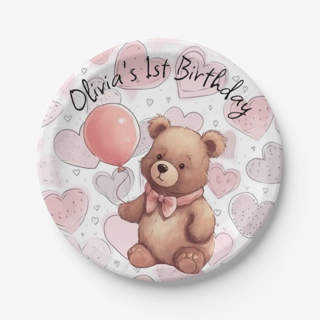 First Birthday Girl Traditional Pink Bear Paper Plates (Front)
