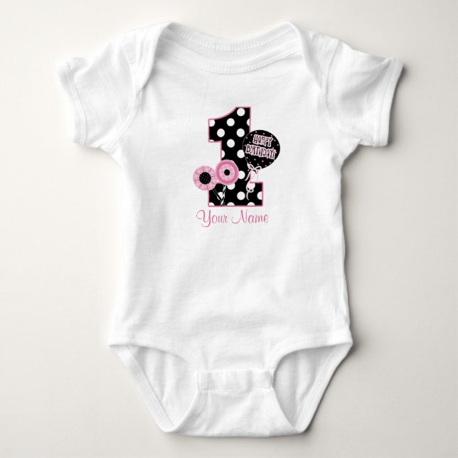 First Birthday Girls Pink Black Personalized Shirt (Front)