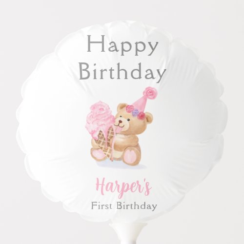 First Birthday Girls Teddy Bear Ice Cream Balloon