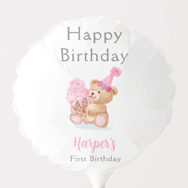 First Birthday Girl's Teddy Bear Ice Cream Balloon (Front)