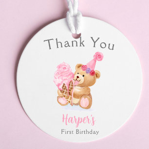 First Birthday Girl's Teddy Bear Ice Cream Favor Tags