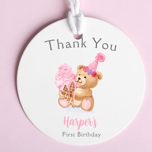 First Birthday Girls Teddy Bear Ice Cream Favor Tags