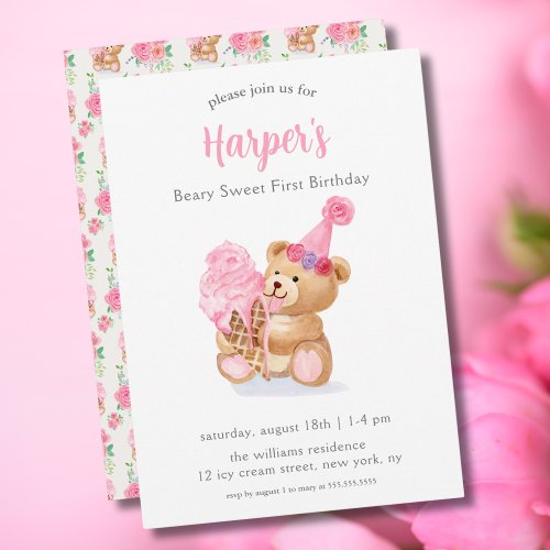 First Birthday Girls Teddy Bear Ice Cream Invitation