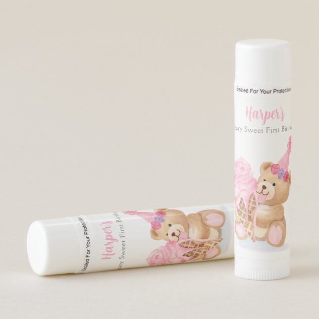 First Birthday Girls Teddy Bear Ice Cream Lip Balm (Front)
