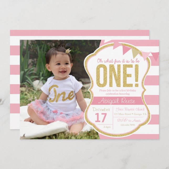 First Birthday Glitter Birthday Invitation (Front/Back)