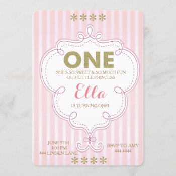 First Birthday Gold And Pink Birthday Invitations by ThreeFoursDesign at Zazzle