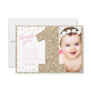 First Birthday Gold and Pink  Thank You Card
