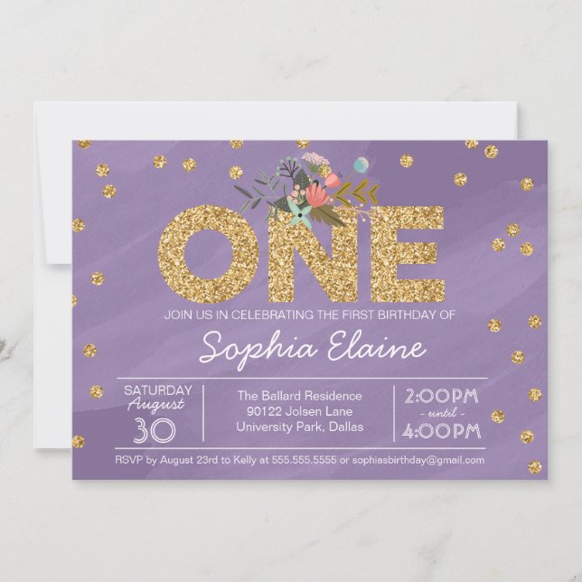 First Birthday, Gold Glitter Confetti and purple Invitation (Front)