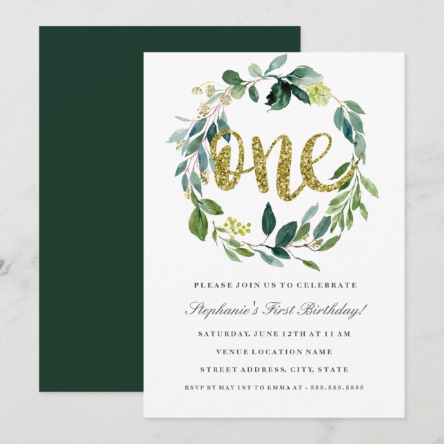 First Birthday Gold Green Floral Wreath Invitation (Front/Back)