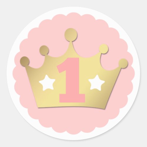 First Birthday Gold Princess Crown  Shabby Pink Classic Round Sticker