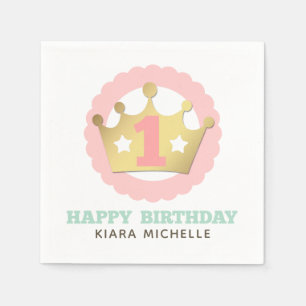 First Birthday Gold Princess Crown & Shabby Pink Napkins